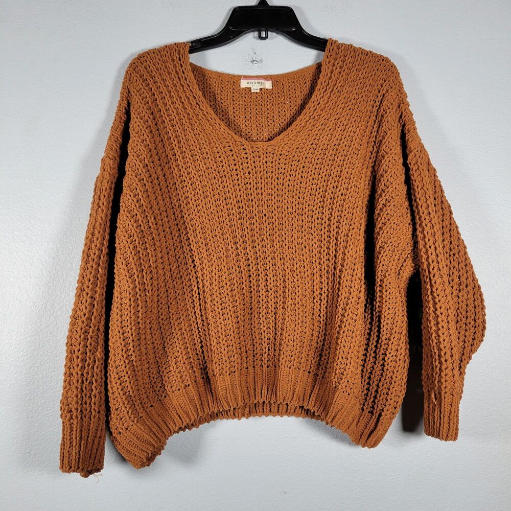 Andree Oversized V-Neck Sweater S/M Burnt Orange Open Waffle Knit Boho Cabincore